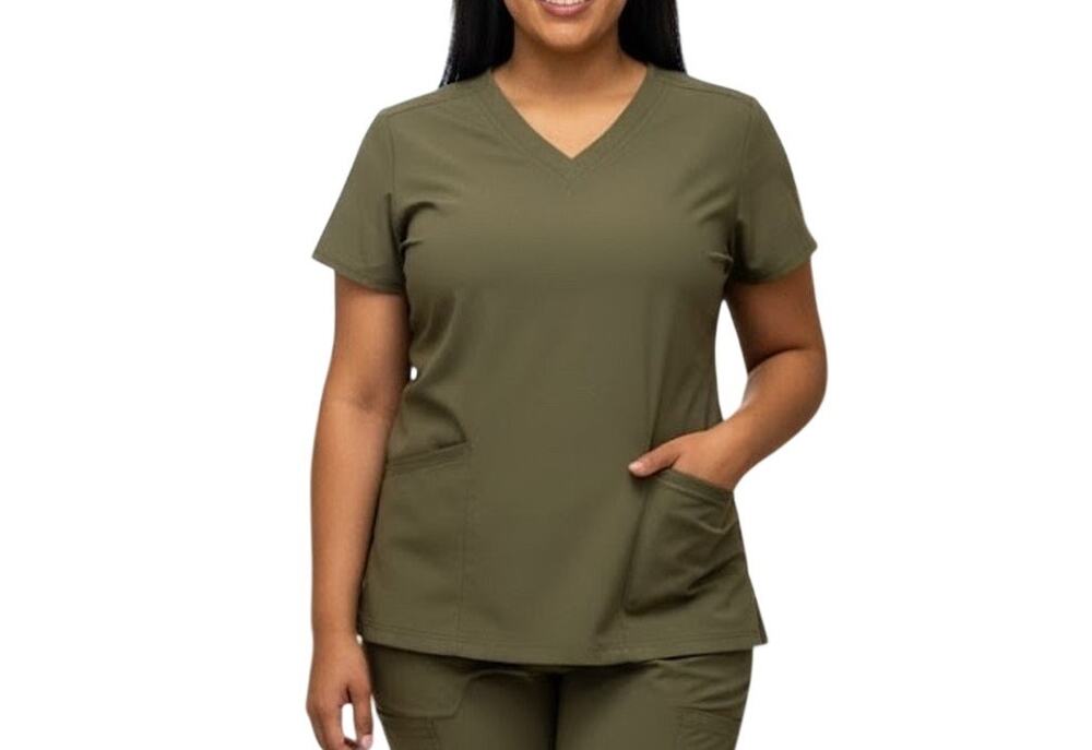 Scrub Top XL 16/18 Koi Lite Reform V-Neck Utility Pockets Olive Green